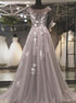 A Line Grey Scoop Cap Sleeves Tulle Backless Prom Dress LBQ4260